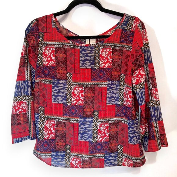 Japna open back red patchwork print blouse - Picture 2 of 11